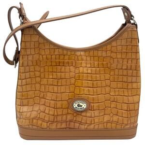 Dooney & Bourke Croc Embossed Leather Shoulder Bag Tan Brown Vintage Hobo Tote